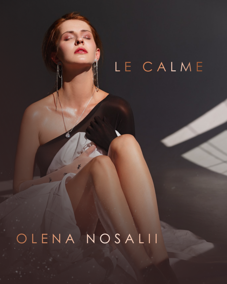Olena Nosalii playing piano for her meditative song Le Calme, capturing the calm and emotional depth of the composition.
