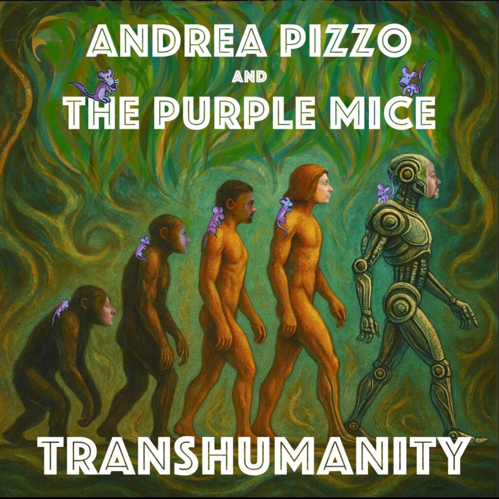 Andrea Pizzo and The Purple Mice performing live, promoting their experimental concept album Transhumanity blending science, philosophy, and music.