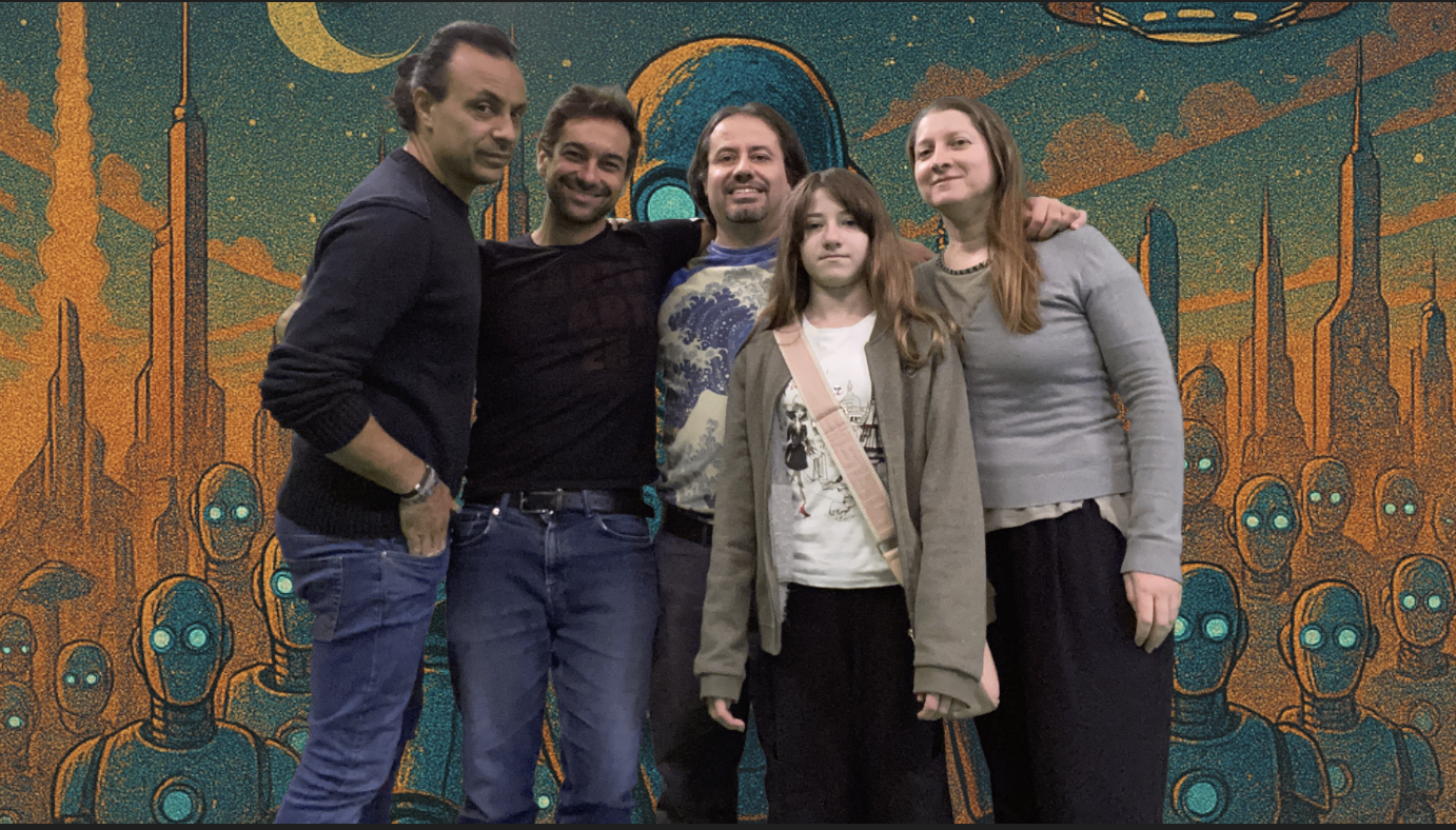 Cover art of Transhumanity album by Andrea Pizzo and The Purple Mice, showcasing futuristic and imaginative themes inspired by science and human creativity.